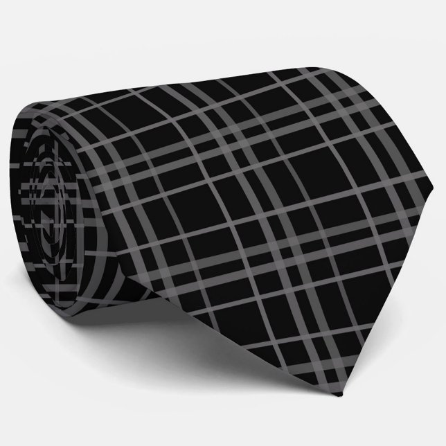 Cravate Gris Sur Tartan Noir Plaid Design Motif (Créateur téléchargé)