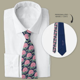 Cravate Groomsmen rose et bleu marine Hydrangea