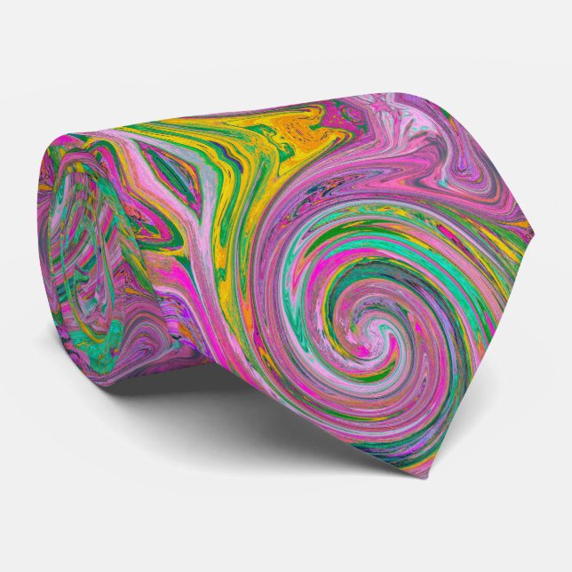 Cravate Groovy Abstrait Rétro Rose et Tourbillon Vert Ment (Roulé)