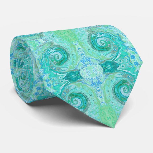 Cravate Groovy Rétro Vert Menthe et Tourbillon Bleu (Roulé)