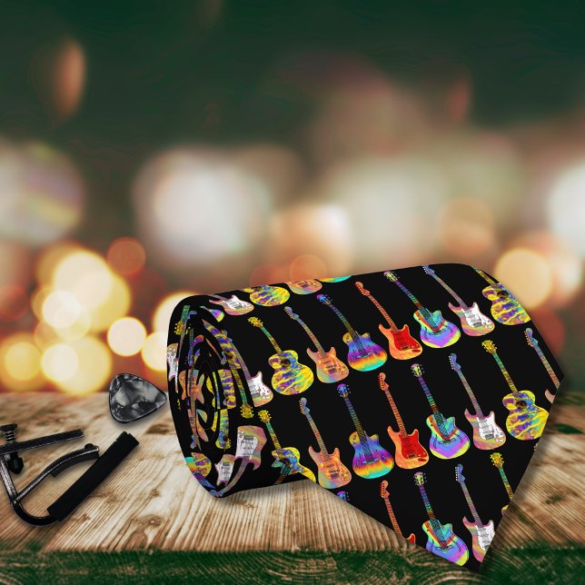 Cravate Guitares colorées motif aquarelle (Colorful guitar pattern black tie for guitarists, musicians, guitar teachers and music lovers)