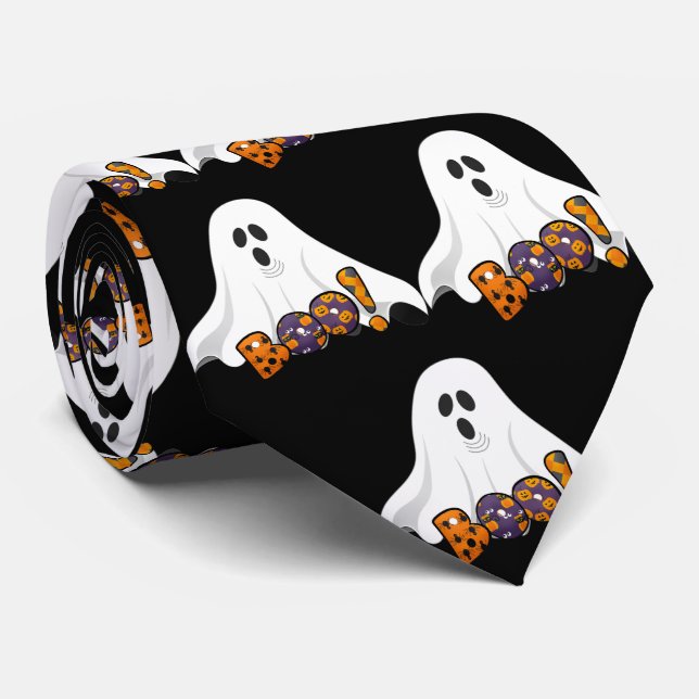 Cravate Halloween BOO / Fantôme effrayant sur fond noir (Roulé)