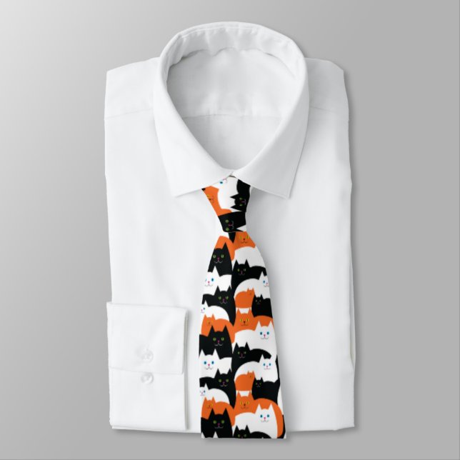 Cravate Halloween Crazy Cat Guy Orange et Black Cats (Attaché)