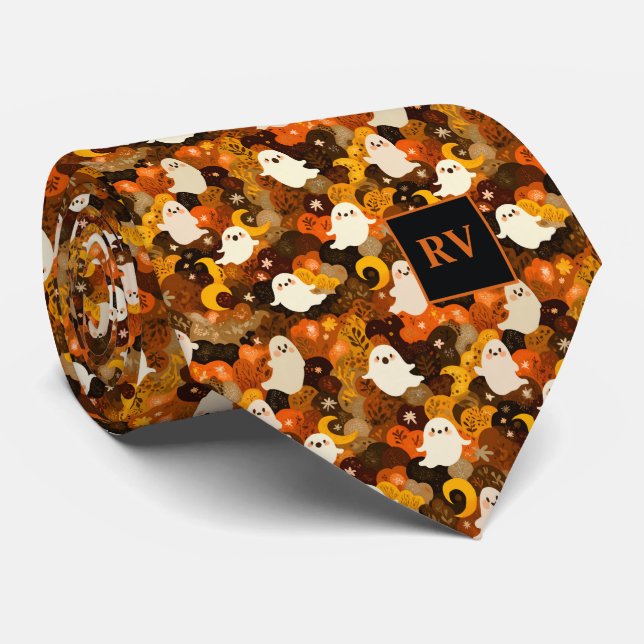 Cravate Halloween Fantôme d'automne Monogramme (Roulé)