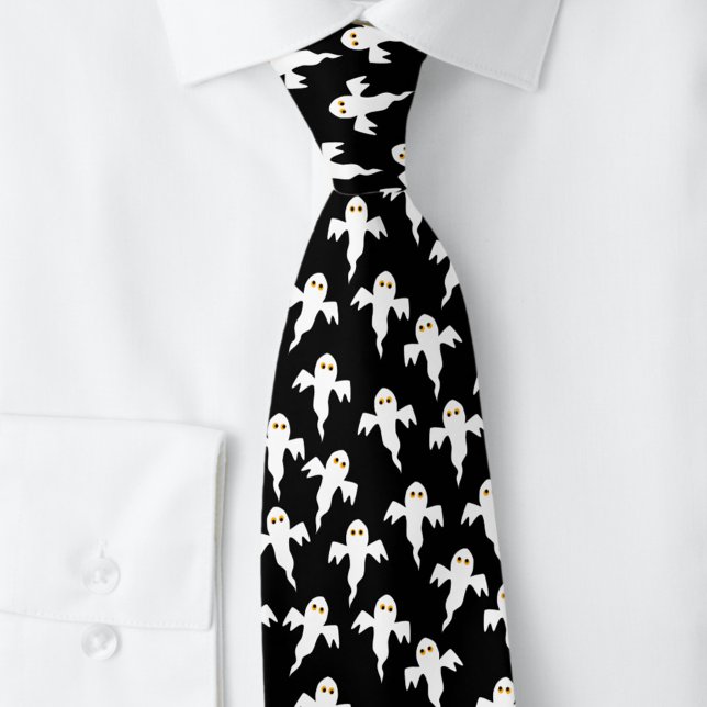 Cravate Halloween fantôme noir et blanc (Fun black and white ghost Halloween pattern neck tie)