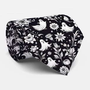 Cravate Halloween Fleurs Fantômes Noir & Blanc