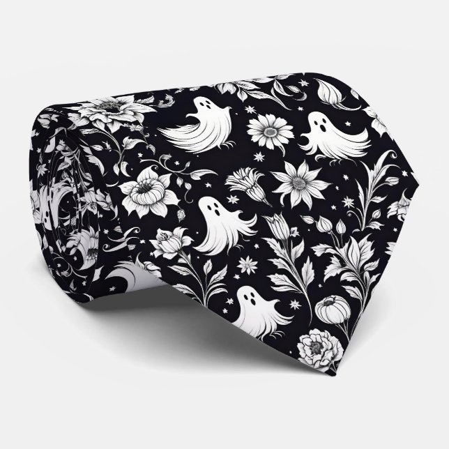 Cravate Halloween Fleurs Fantômes Noir & Blanc (Roulé)