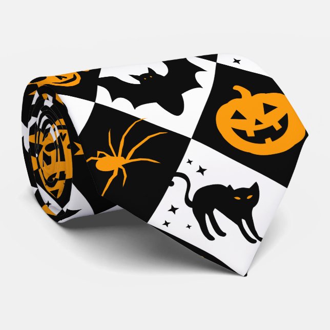 Cravate Halloween noir blanc Orange arlequin Motif (Roulé)