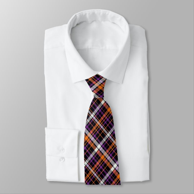 Cravate Halloween : orange, violet, noir et blanc plaid (Attaché)