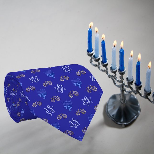 Cravate Hanoukka Gold Dreidel Star de David Menorah Blue (Créateur téléchargé)