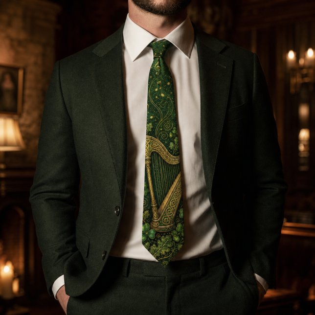 Cravate Harpe celtique dorée et notes de musique sur fond  (Golden Celtic Harp & Musical Notes Forest Green Neck Tie)