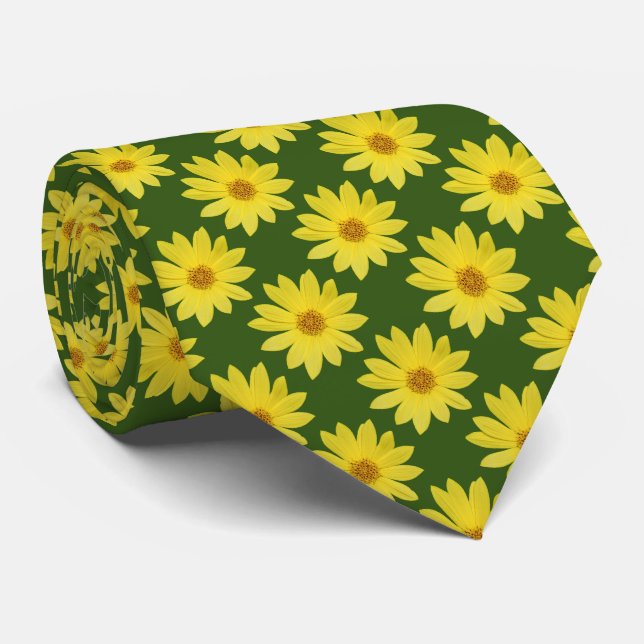 Cravate Helianthus 'Lemon Queen' Motif - Forest Green (Roulé)