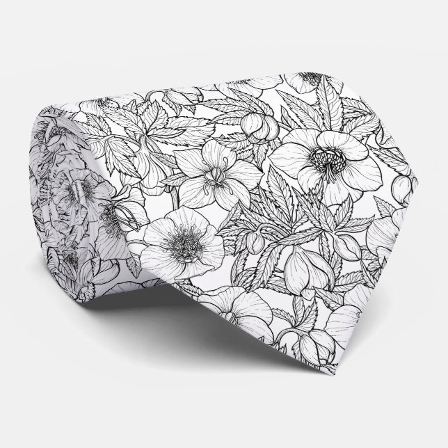 Cravate Hellebores en noir et blanc (Roulé)