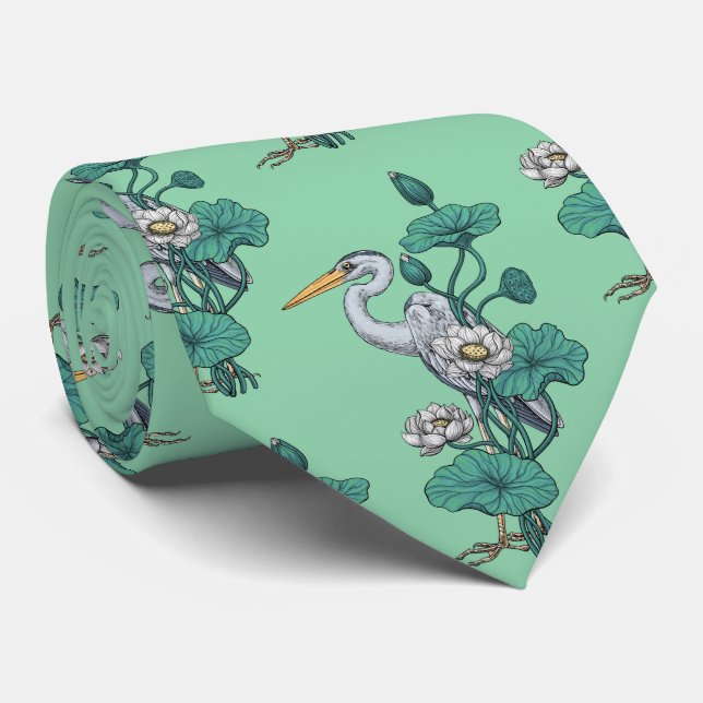 Cravate Héron dans le jardin de lotus blanc sur jade (Roulé)