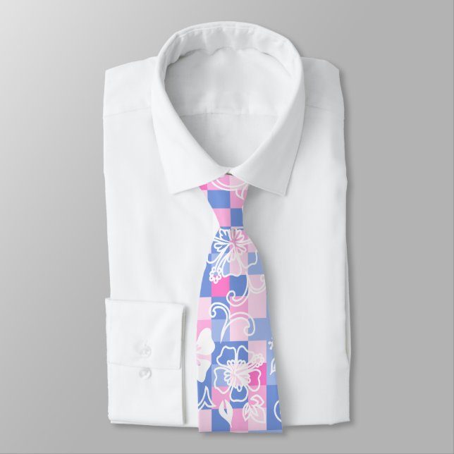 Cravate Hibiscus damier Hawaïen floral - Rose Péri (Attaché)