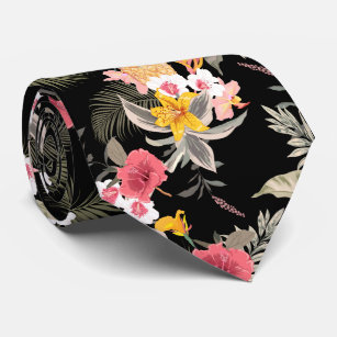 Cravate Hibiscus floral ananas hawaïen Imprimer sur noir