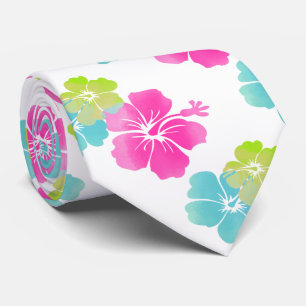 Cravate Hibiscus Floral/Hibiscus Rose/Pink/Green/Aqua Blue