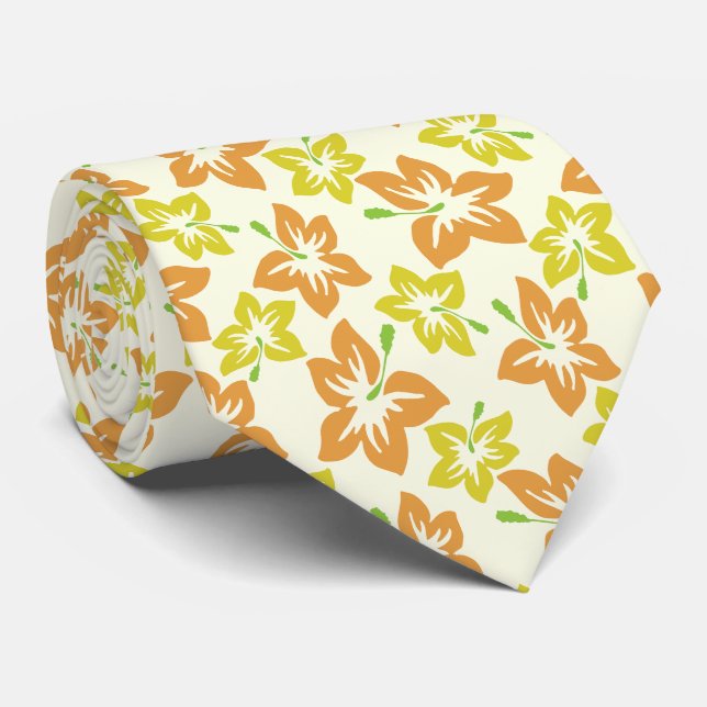 Cravate Hibiscus Jaune, Hibiscus Orange, Modèle Floral (Roulé)