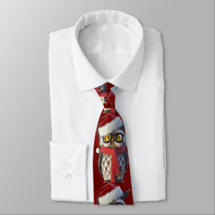 Cravate Hibou de Noël portant un costume de Père Noël et u