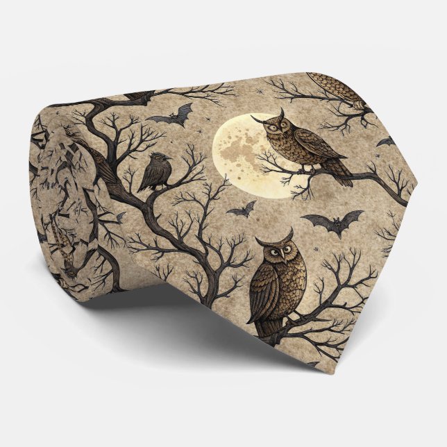 Cravate Hiboux et lune d'Halloween vintage (Roulé)