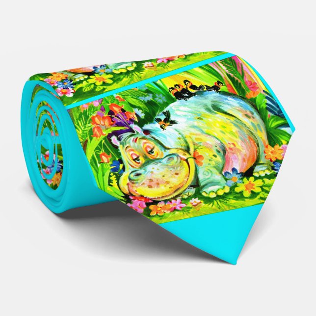 Cravate hippopotame et oiseaux aux couleurs vives imprimés (Roulé)