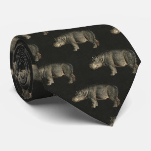 Cravate Hippopotames Vintage sur Lin Brun Ombre Foncé
