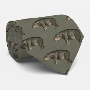 Cravate Hippopotames Vintage sur Lin Vert Militaire