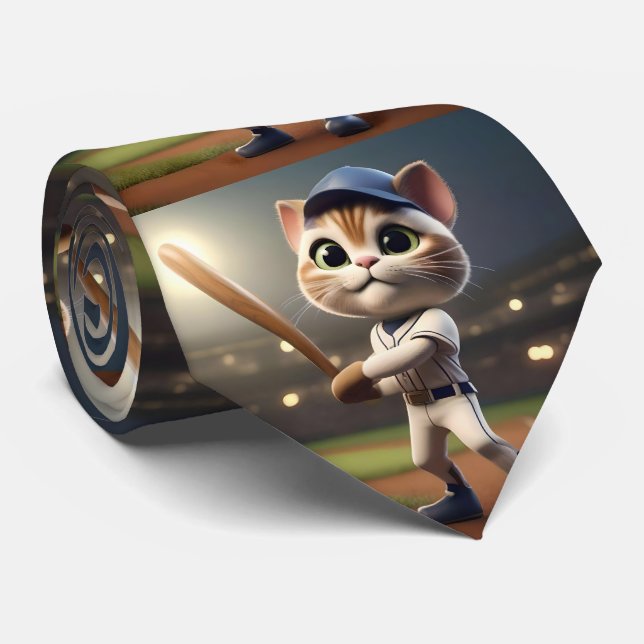 Cravate Home Run Hitter : Le chat de baseball 3D prend une (Roulé)