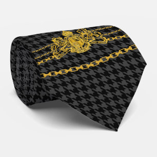 Cravate Houndstooth Gold Emblem Chain Trim Black Grey