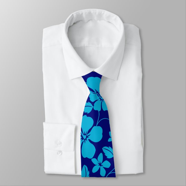 CRAVATE HULA HAWAIEN (HIBISCUS) BLEU FONCÉ/CLAIR (Attaché)