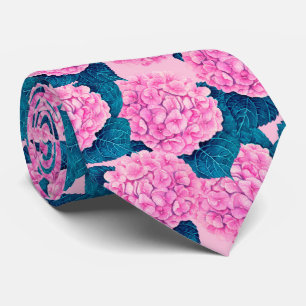 Cravate Hydrangea aquarelle motif, rose et bleu