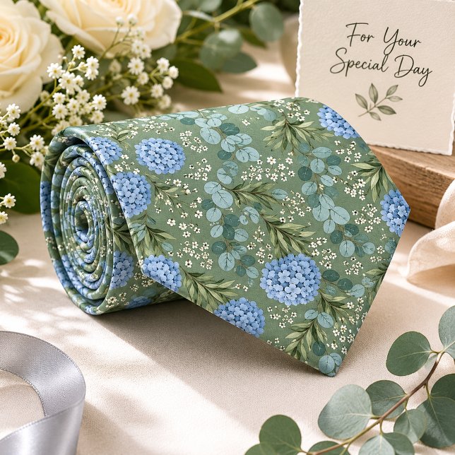 Cravate Hydrangea Bleu Poussière et Eucalyptus Vert Sauge (Créateur téléchargé)