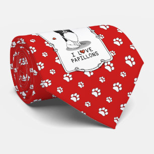 Cravate I Love Papillons (blanc & noir) Coeurs Chiens mign