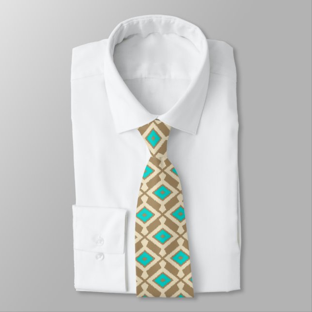 Cravate Ikat Motif - Turquoise, Taupe et Beige (Attaché)