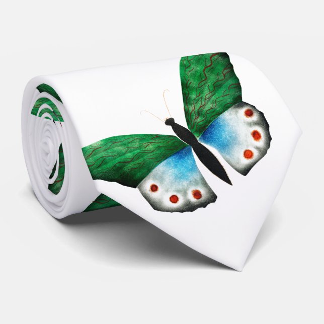 Cravate Illustration du papillon vert bleu vintage (Roulé)