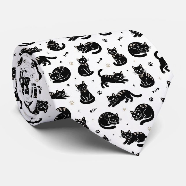 Cravate Illustrations de chats noir et blanc (Roulé)