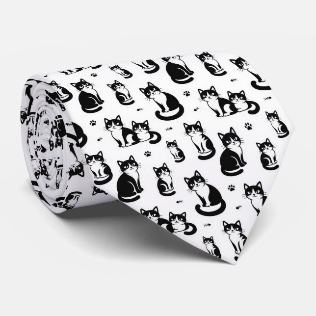 Cravate Illustrations de chats noir et blanc (Roulé)