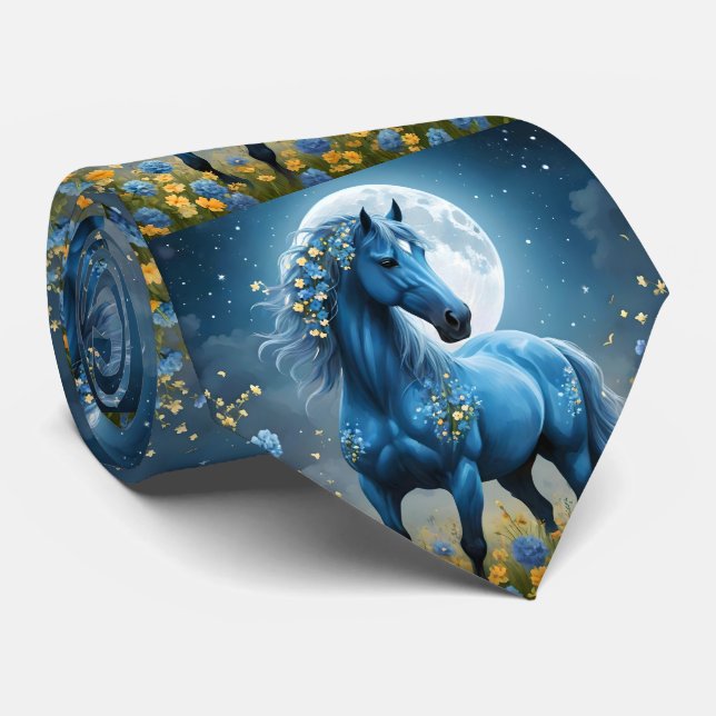 Cravate Imaginaire Bleu Magique Cheval Lune Fleurs, (Roulé)