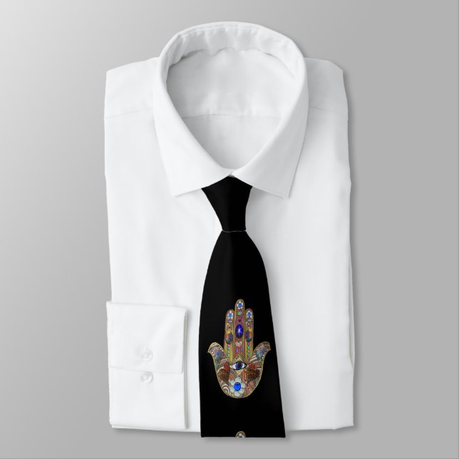 Cravate Impression d'art opale cœurs Hamsa Judaica (Attaché)