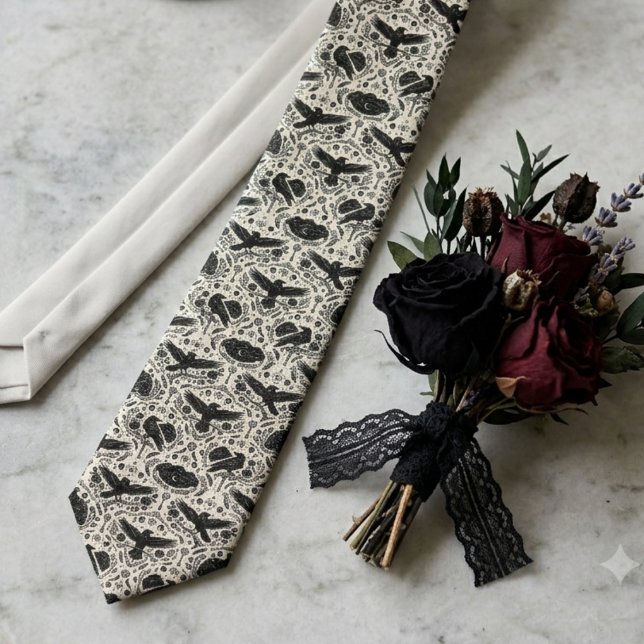 Cravate Impression de corbeau gothique Académie sombre (A raven damask necktie to complete a groom's elegant gothic wedding look.)
