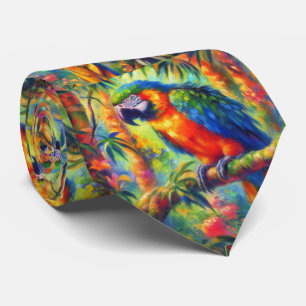 Cravate Impressionniste perroquet tropical Oiseau bleu ver