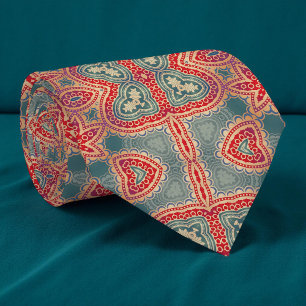 Cravate Indien Orné Boho Rouge et Motif Turquoise
