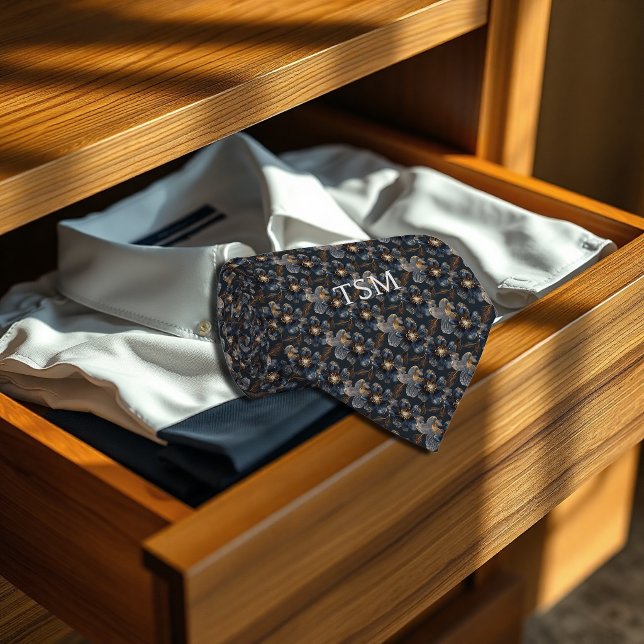 Cravate Initiales de monogramme florales bleu foncé transl (Translucent Dark Blue Floral Monogram Initials Neck Tie)