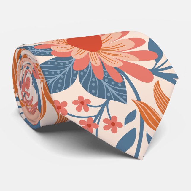 Cravate Jardin de corail et de sarcelle sur fond beige dou (Roulé)