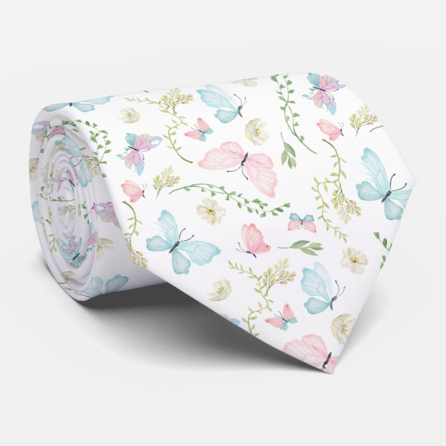 Cravate Jardin de papillons pastel aquarelle (Roulé)