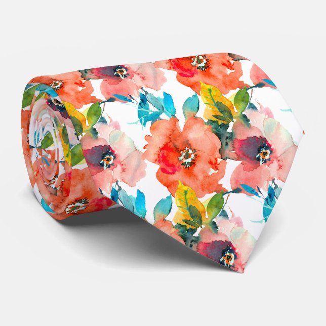 Cravate Jardin de roses à l'aquarelle Corail Orange Feuill (Roulé)