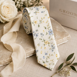 Cravate Jaune Beurre Bleu Aquarelle Jardin Floral