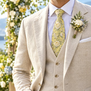 Cravate Jaune Beurre Ivoire Domaine Rose Motif Botanique