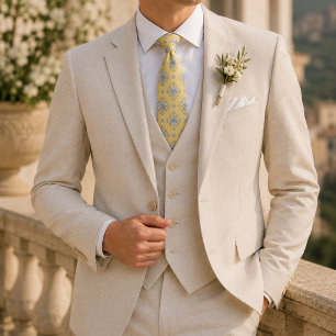 Cravate Jaune Beurre Médallion de Mariage Floral Bleu