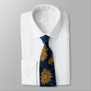 Cravate Jaune Ensoleillé Or Navy Tournesols Feuilles Motif